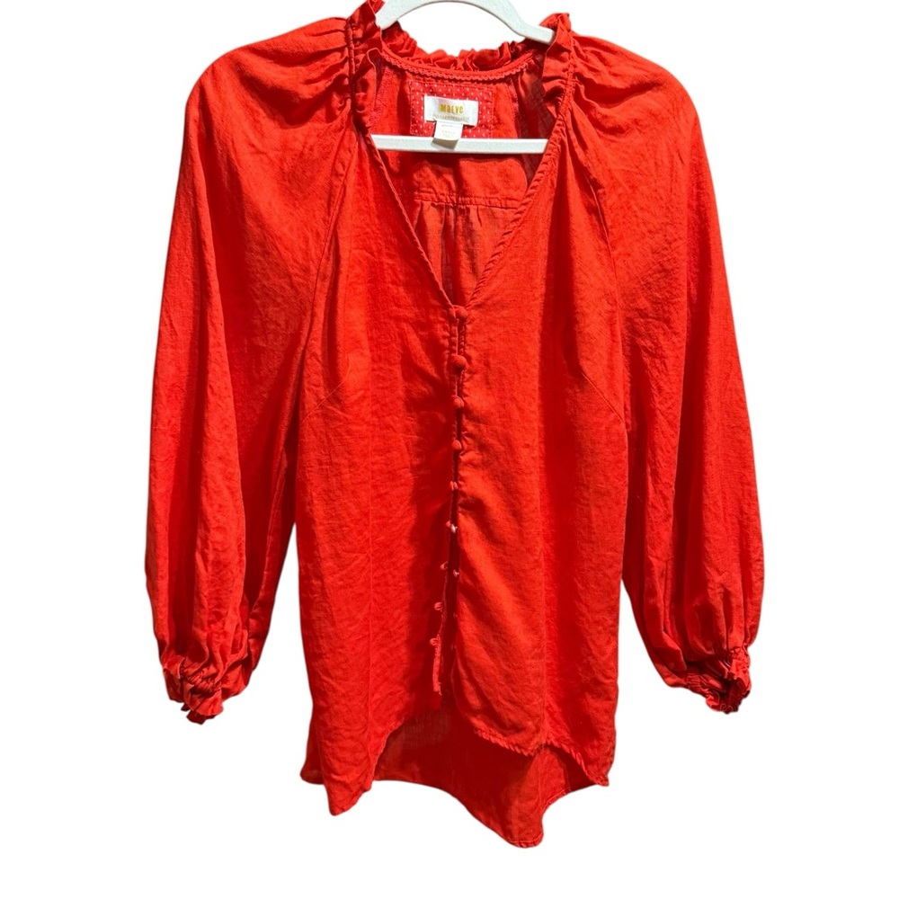 Maeve by‎ Anthropologie The Audie Linen Puff-Sleeve Blouse in Red Sz S